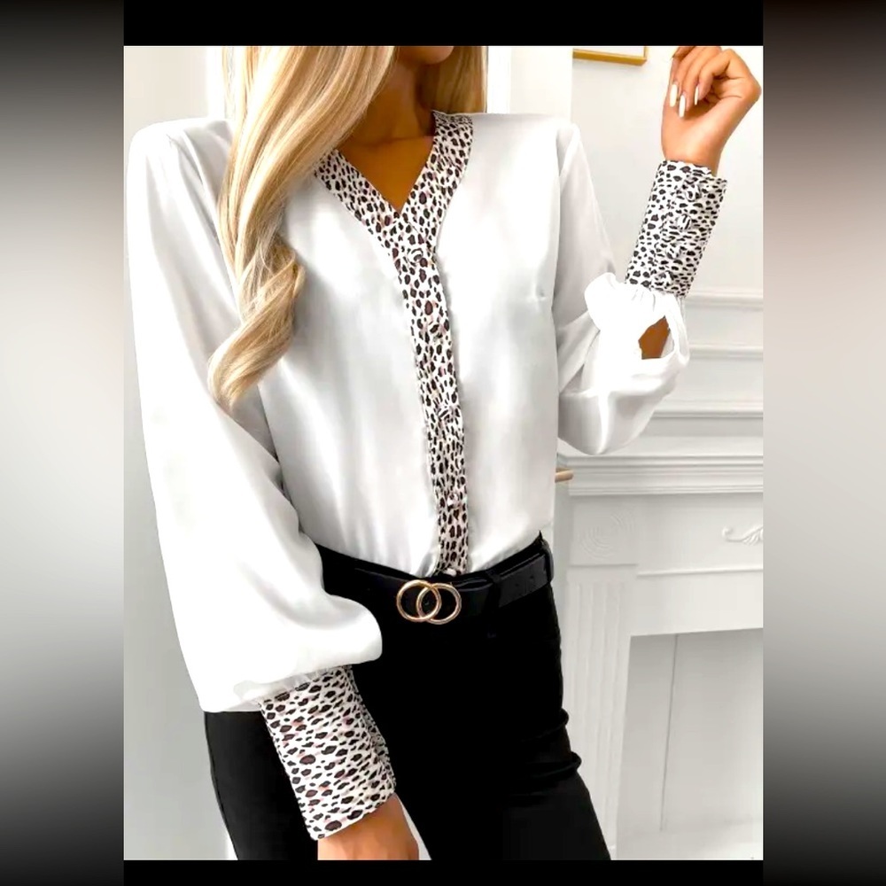 Leopard Patch Lantern Sleeve Button Front Top